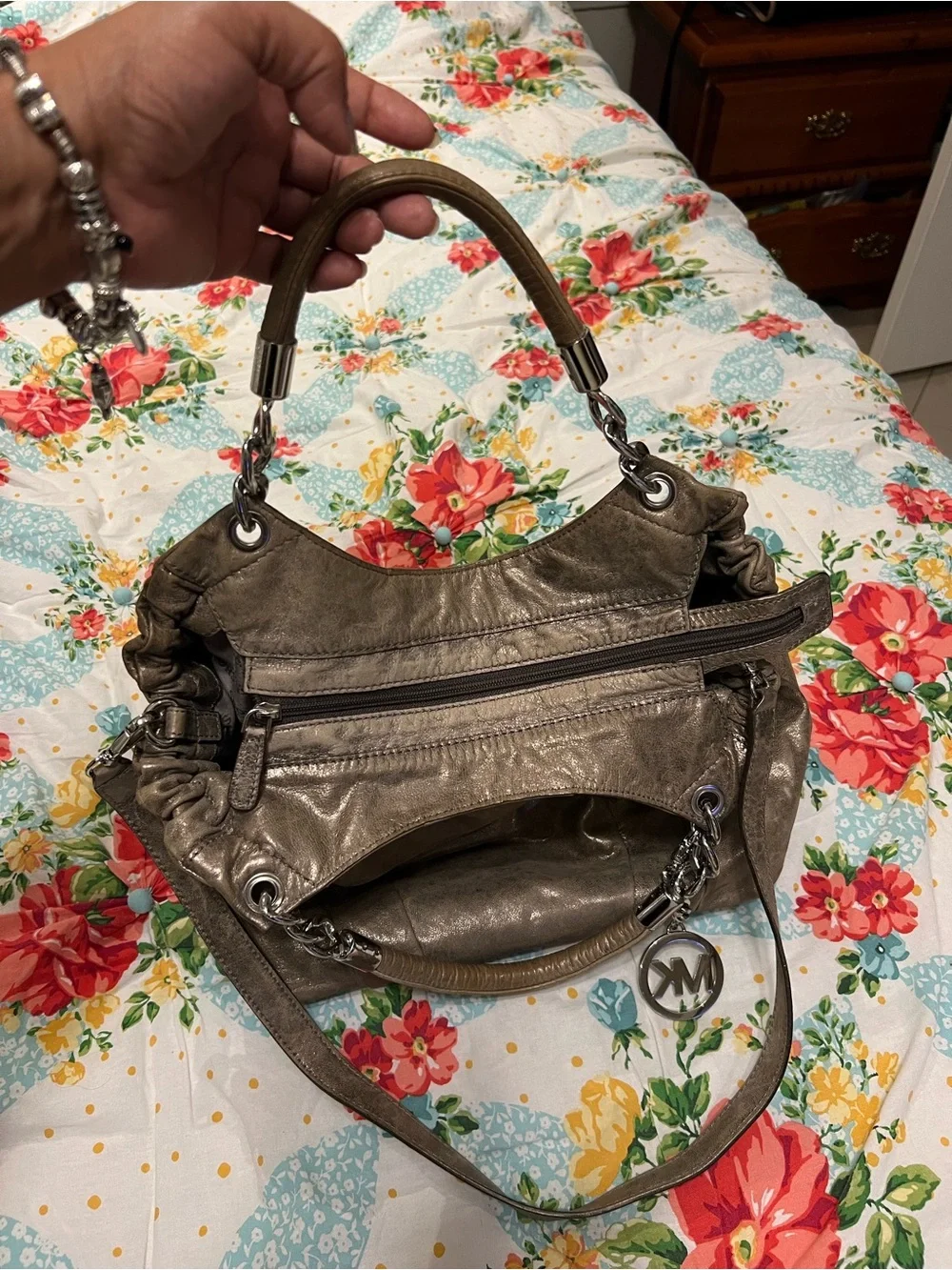 Michael Kors Metallic Taupe Leather Hobo Bag
